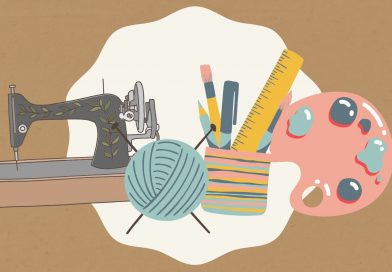 The Makers Meet-up logo consisting of a sewing machine, ball of yarn, art supplies