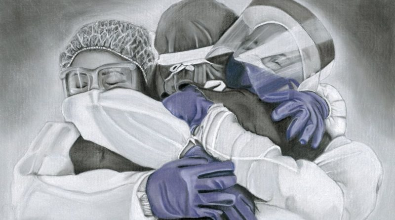 artwork by Susan Brescia showing people hugging and wearing PPE equipment