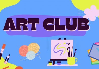 "Art club" with paint, yarn, an easel, and various art supplies